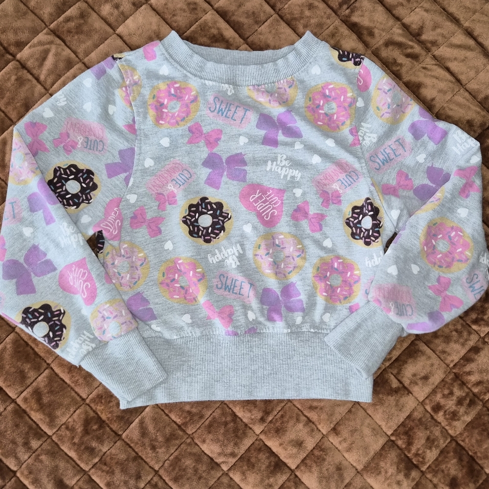 🍩💘JoJo Siwa Donut Print Valentine Hearts Bows Gray Girls Cozy Pullover